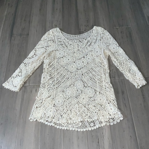 Capri Creamy Ivory Floral Crochet Beach Coverup Or Overlay 3/4 Sleeves Large - Picture 1 of 9